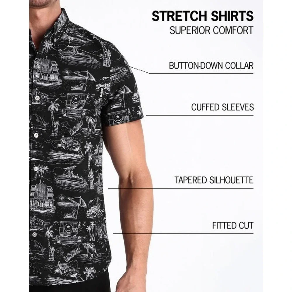 Bang! Miami Men‎ XL Stretch Shirt Toile Pattern Black Street Wear Beach Clubbing